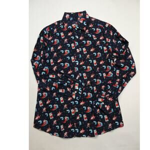 men's SIMON BANKS Christmas button up, Santa surfing, medium, NEW